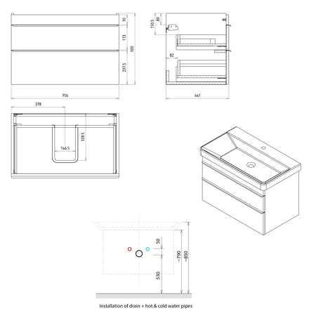 SITIA umyvadlová skříňka 75,6x50x43,4cm, 2xzásuvka, dub alabama