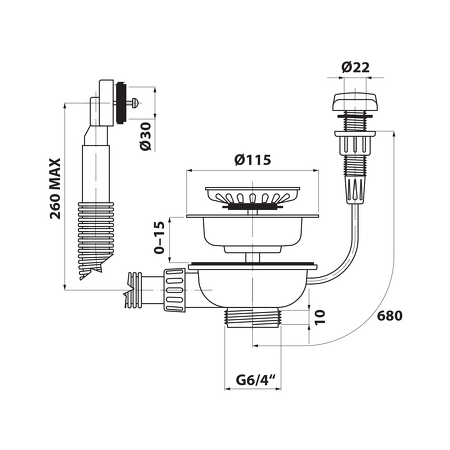 Dřezová nerez výpust 6/4", s přepadem a ovládáním, černá