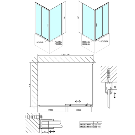 DEEP boční stěna 900x1500 cm, čiré sklo