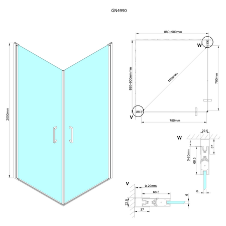 LORO sprchové dveře jednodílné pro rohový vsup 900mm, čiré sklo
