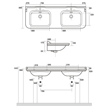 WALDORF keramické dvojumyvadlo 150x55cm, černá mat