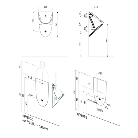 COMMUNITY urinál se zakrytým přívodem vody s otvory pro víko 31x54,5cm, cenere mat