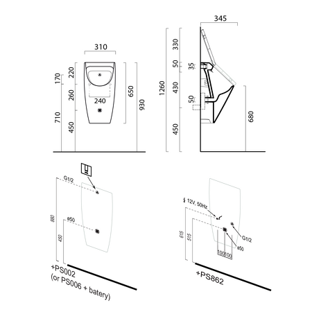 COMMUNITY urinál se zakrytým přívodem vody s otvory pro víko 31x65cm, cenere mat