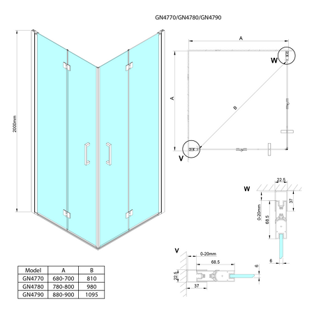 LORO čtvercový sprchový kout 700x700 mm, rohový vstup
