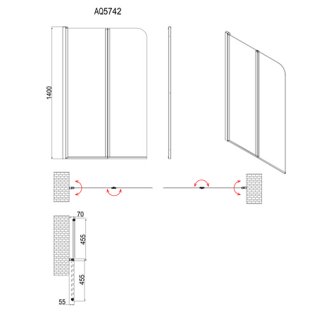 WILA vanová zástěna 900x1400 mm skládací, černá, čiré sklo