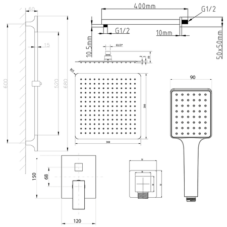 CUBEMIX podomítkový sprchový set s pákovou baterií, 2 výstupy, posuvný držák sprchy, zlato mat