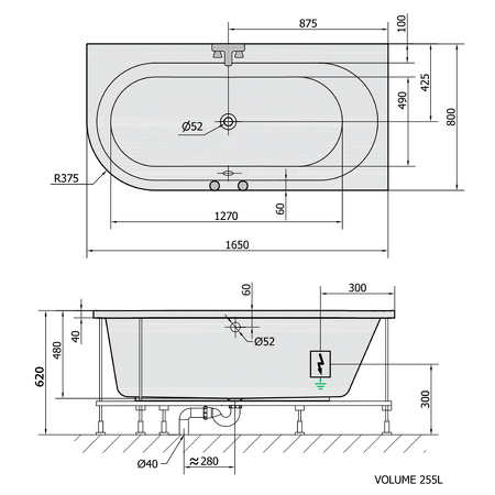 ASTRA R hydromasážní vana, 165x80x48cm, Active Hydro-Air, chrom