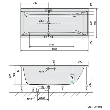 CLEO hydromasážní vana, 180x90x48cm, Attraction Hydro-Air, chrom