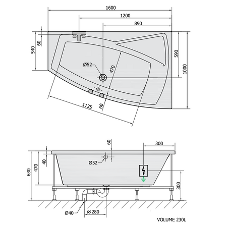 EVIA R hydromasážní vana, 160x100x47cm, Highline Hydro-Air, chrom