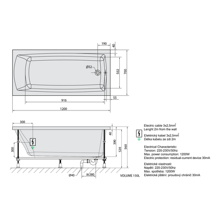LILY hydromasážní vana, 120x70x39cm, Highline Hydro-Air, chrom