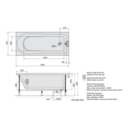 LISA hydromasážní vana, 170x70x47cm, Attraction Hydro-Air, chrom