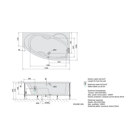 MAMBA R hydromasážní vana, 170x100x44cm, Attraction Hydro-Air, chrom