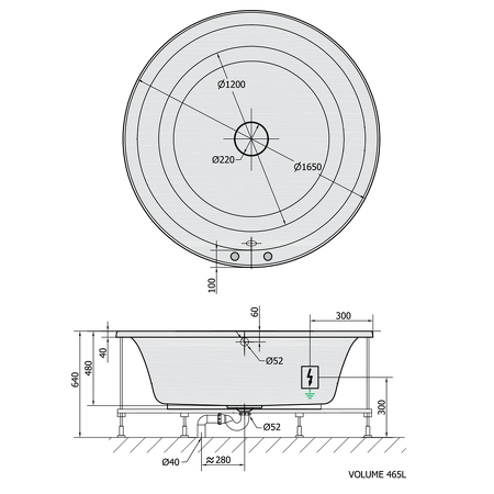 OBLO hydromasážní vana, 165x48cm, Active Hydro-Air, chrom