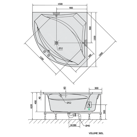 ROSANA hydromasážní vana, 150x150x49cm, Attraction Hydro-Air, chrom