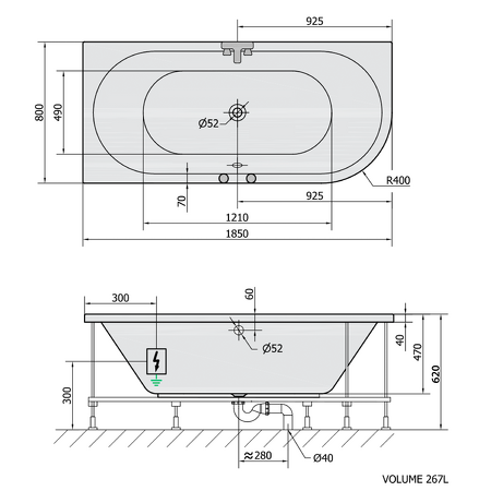 VIVA L hydromasážní vana, 185x80x47cm, Highline Hydro-Air, chrom