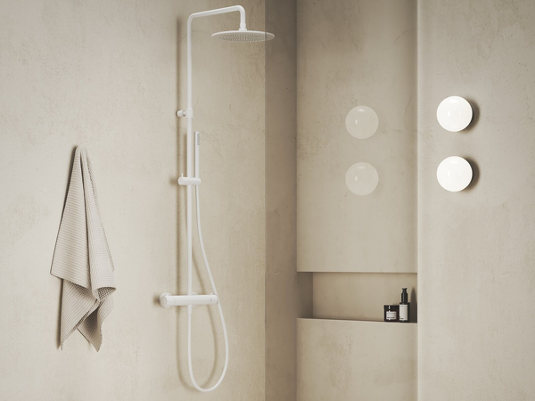 ES 091.10WV Sprchový sloup s termostatickou baterií, posuvný, se sprchovým setem, White Velvet