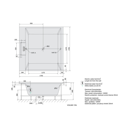 CAME hydromasážní vana, 175x175x50cm, Highline Hydro, chrom