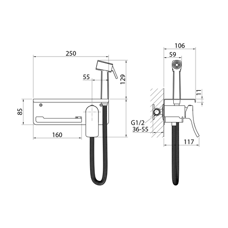 Podomítková bidetová baterie se Stop sprškou a držákem toaletního papíru, gun metal