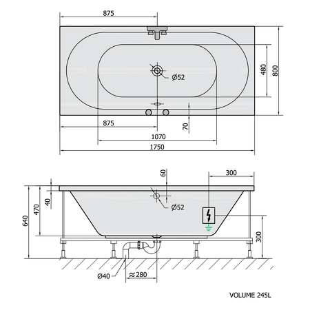 VIVA B hydromasážní vana, 175x80x47cm, Active Hydro, chrom