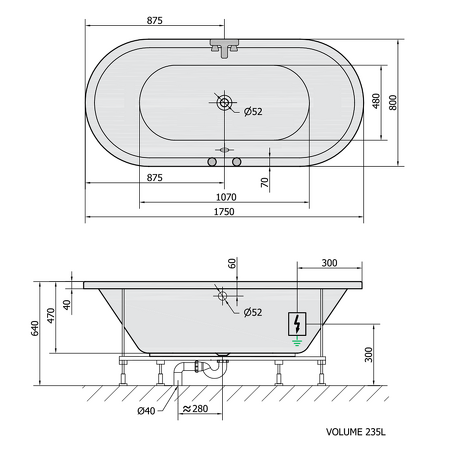 VIVA O hydromasážní vana, 175x80x47cm, Attraction Hydro, chrom