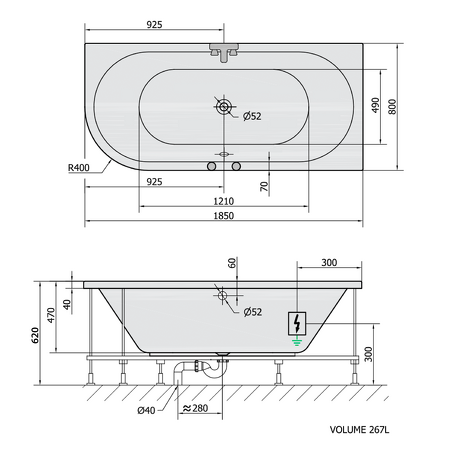 VIVA R hydromasážní vana, 185x80x47cm, Attraction Hydro, chrom