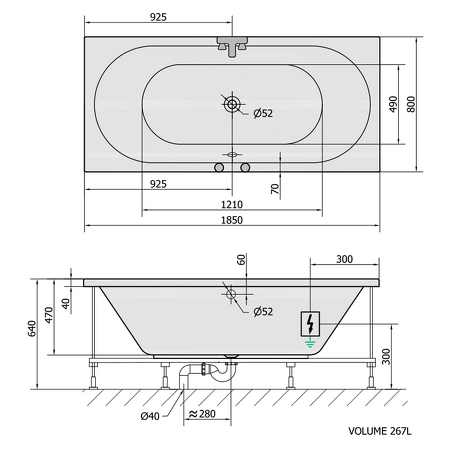 VIVA B hydromasážní vana, 185x80x47cm, Active Hydro, chrom