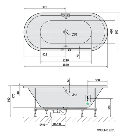 VIVA O hydromasážní vana, 185x80x47cm, Active Hydro, chrom