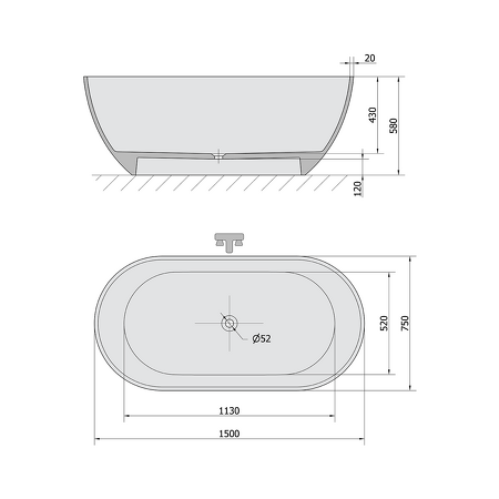 REDUTA volně stojící vana litý mramor 150x75x58cm, šedá mat