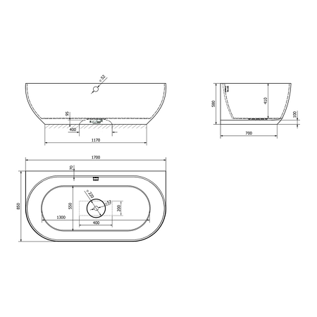 PAGODA nástěnná vana litý mramor 170x85x58cm, bílá mat