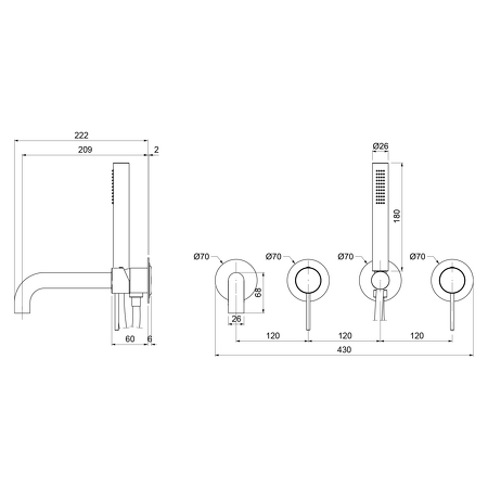 ULTRAMIX podomítková vanová baterie s hubicí a ruční sprchou, 2 výstupy, zlato mat