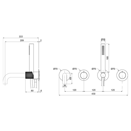 ULTRATAP podomítková vanová baterie s hubicí a ruční sprchou, 2 výstupy, zlato mat