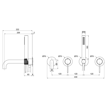 ULTRASAN podomítková vanová baterie s hubicí a ruční sprchou, 2 výstupy, černá mat/zlato mat