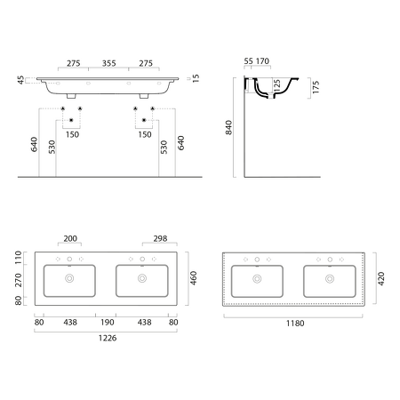 PURA keramické dvojumyvadlo Slim 122x46cm, creta mat