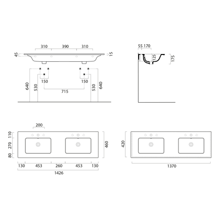 PURA keramické dvojumyvadlo Slim 142x46cm, bez otvoru, creta mat
