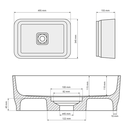 BANERA SQUARE umyvadlo na desku, litý mramor, 50x36cm, bílá/antracit mat