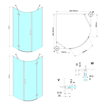 TRINITY CHROME čtvrtkruhový sprchový kout 900x900mm, čiré sklo, pravé