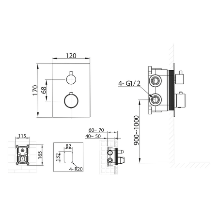 KIMURA podomítková sprchová termostatická baterie, box, 2 výstupy, chrom