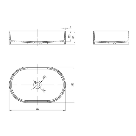 THIN umyvadlo na desku, Rockstone, 55x35cm, carina/bílá mat