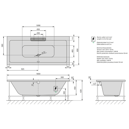 CASCATA hydromasážní vana, 185x85x45cm, kaskáda bílá, Attraction Hydro, bílá