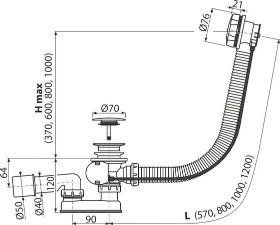 Sifon vanový automat komplet, bílá-mat