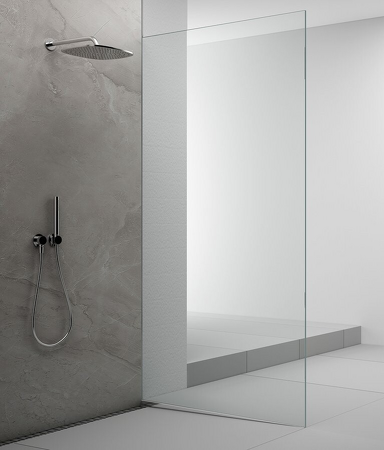 ARCHITEX sada pro uchycení skla podlaha-stěna se spádovou lištou, 1615x2105mm, pravá, leštěný hliník