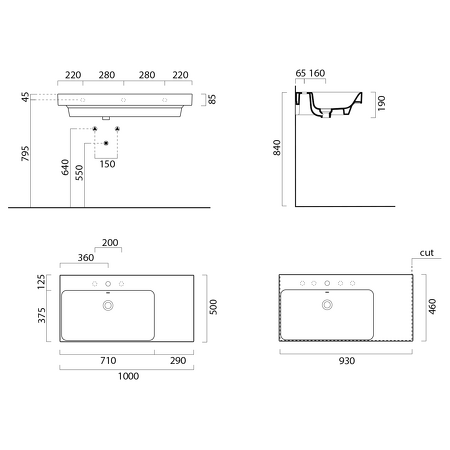 NUBES keramické umyvadlo 100x50cm, s odkládací plochou vpravo, bílá mat