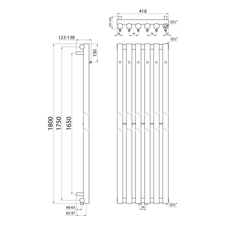 PILON otopné těleso 418x1800mm, se šesti háčky pro ručník, černá mat