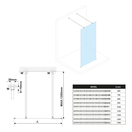 ESCA GUN METAL jednodílná sprchová zástěna do prostoru, kouřové matné sklo, 1500 mm