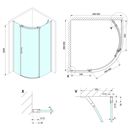 THRON ROUND čtvrtkruhová sprchová zástěna 900x900mm, čiré sklo, pravá