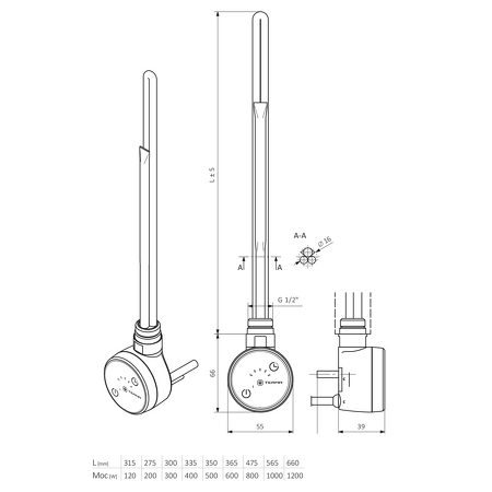 MOA topná tyč s termostatem a wifi, 300 W, zlato mat